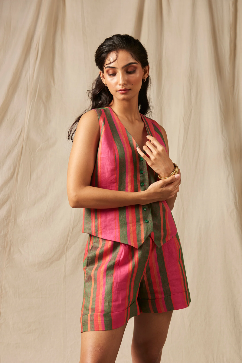 Surekha Linen Waist Coat Set linen by Saphed in multi color for women Worldwide