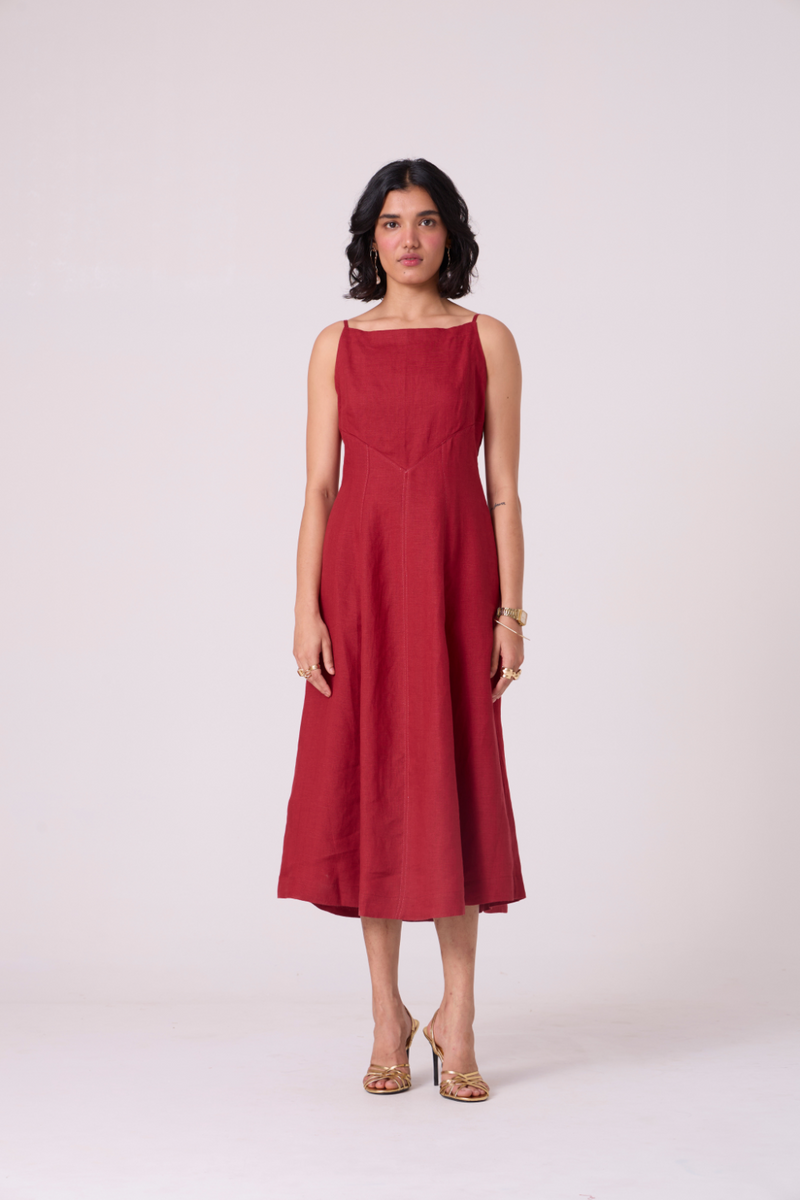 Suzie Red Linen Dress all linen by The Summer House in red color for women Worldwide