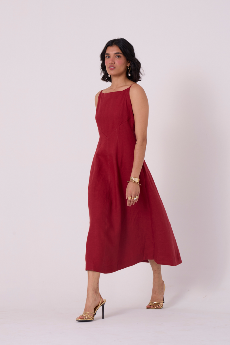 Suzie Red Linen Dress all linen by The Summer House in red color for women Worldwide