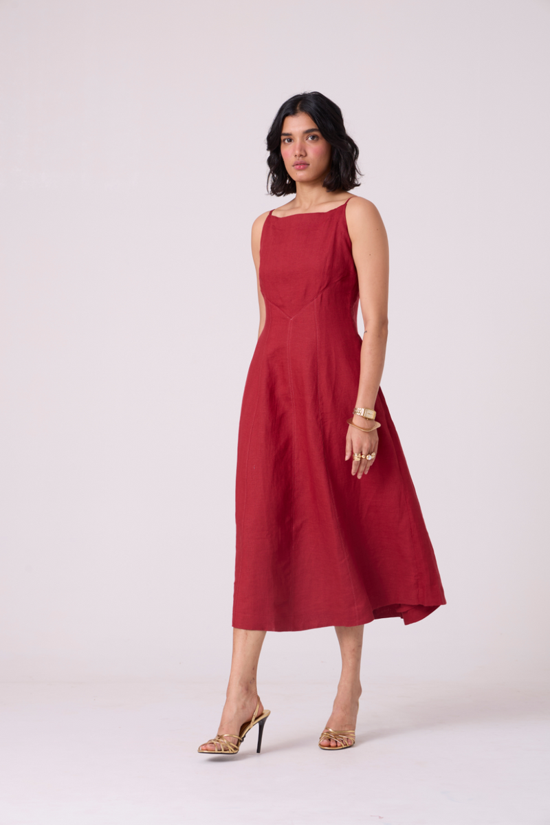Suzie Red Linen Dress all linen by The Summer House in red color for women Worldwide