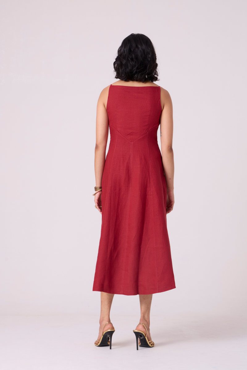 Suzie Red Linen Dress all linen by The Summer House in red color for women Worldwide
