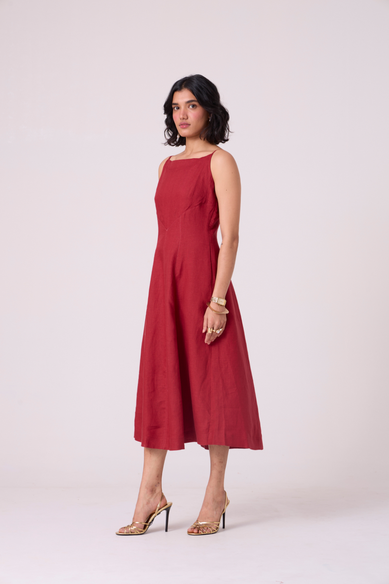 Suzie Red Linen Dress all linen by The Summer House in red color for women Worldwide