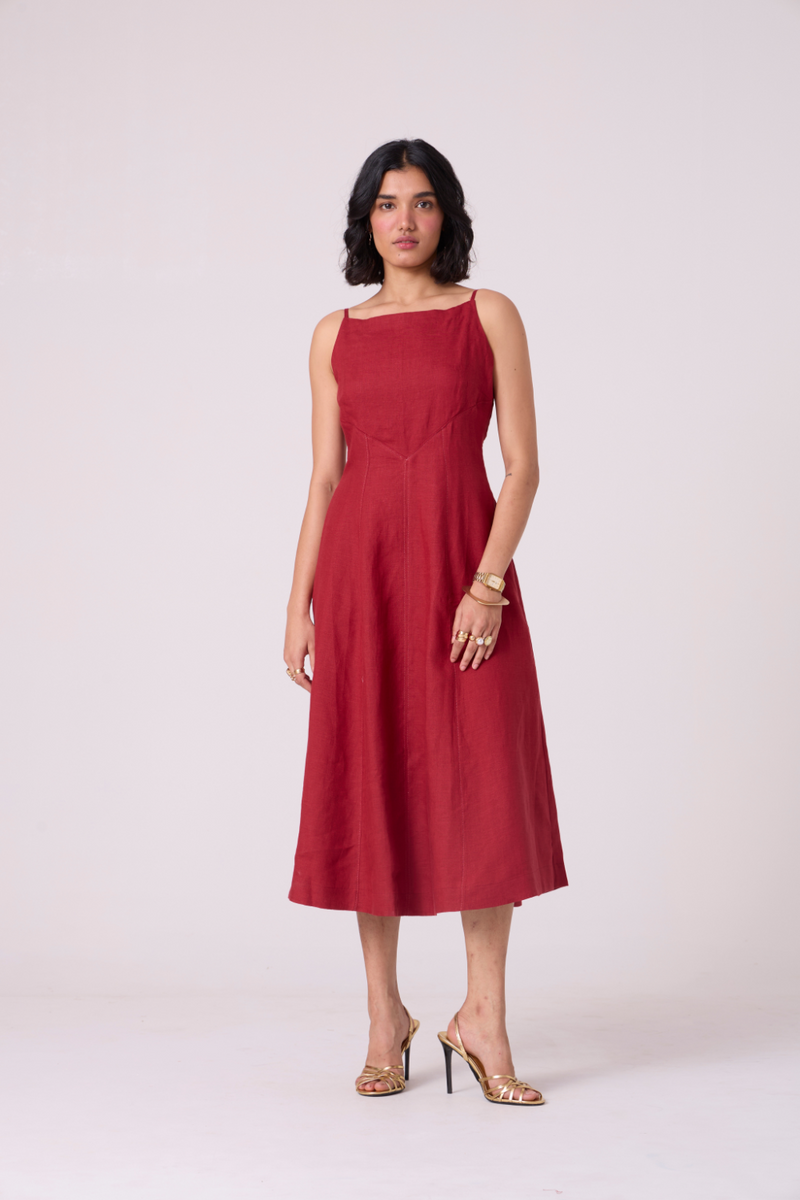 Suzie Red Linen Dress all linen by The Summer House in red color for women Worldwide