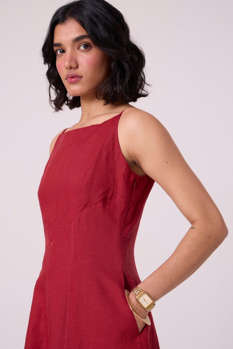 Suzie Red Linen Dress all linen by The Summer House in red color for women Worldwide