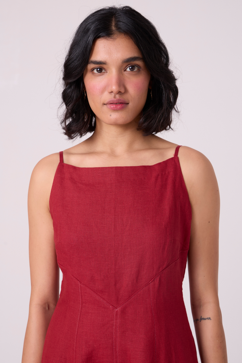 Suzie Red Linen Dress all linen by The Summer House in red color for women Worldwide