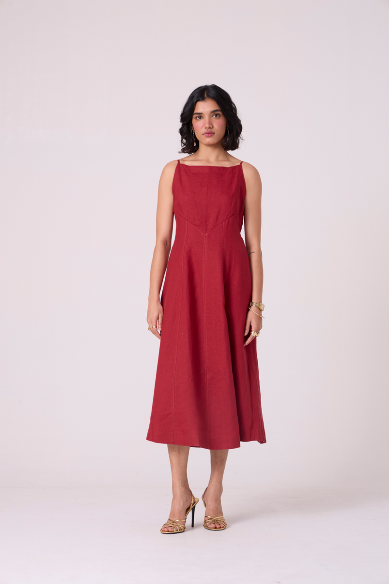 Suzie Red Linen Dress all linen by The Summer House in red color for women Worldwide