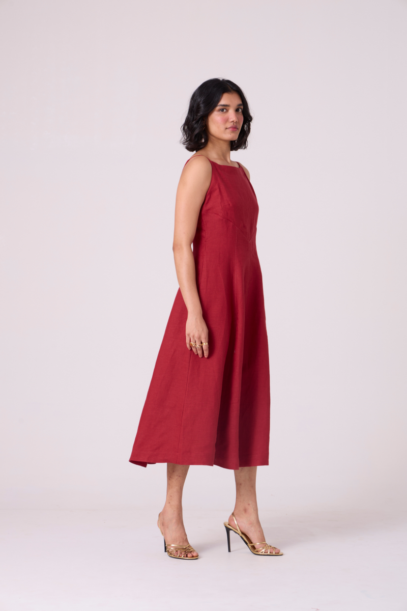 Suzie Red Linen Dress all linen by The Summer House in red color for women Worldwide