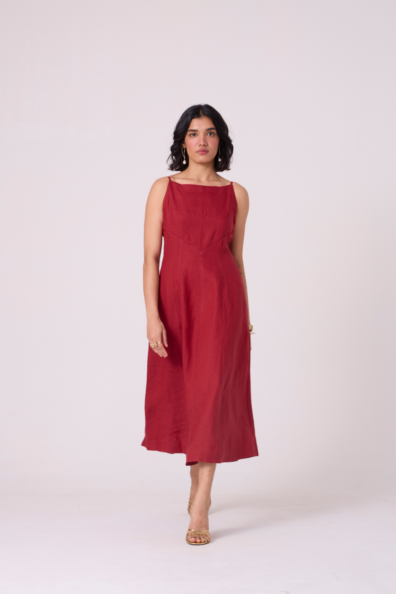 Suzie Red Linen Dress all linen by The Summer House in red color for women Worldwide