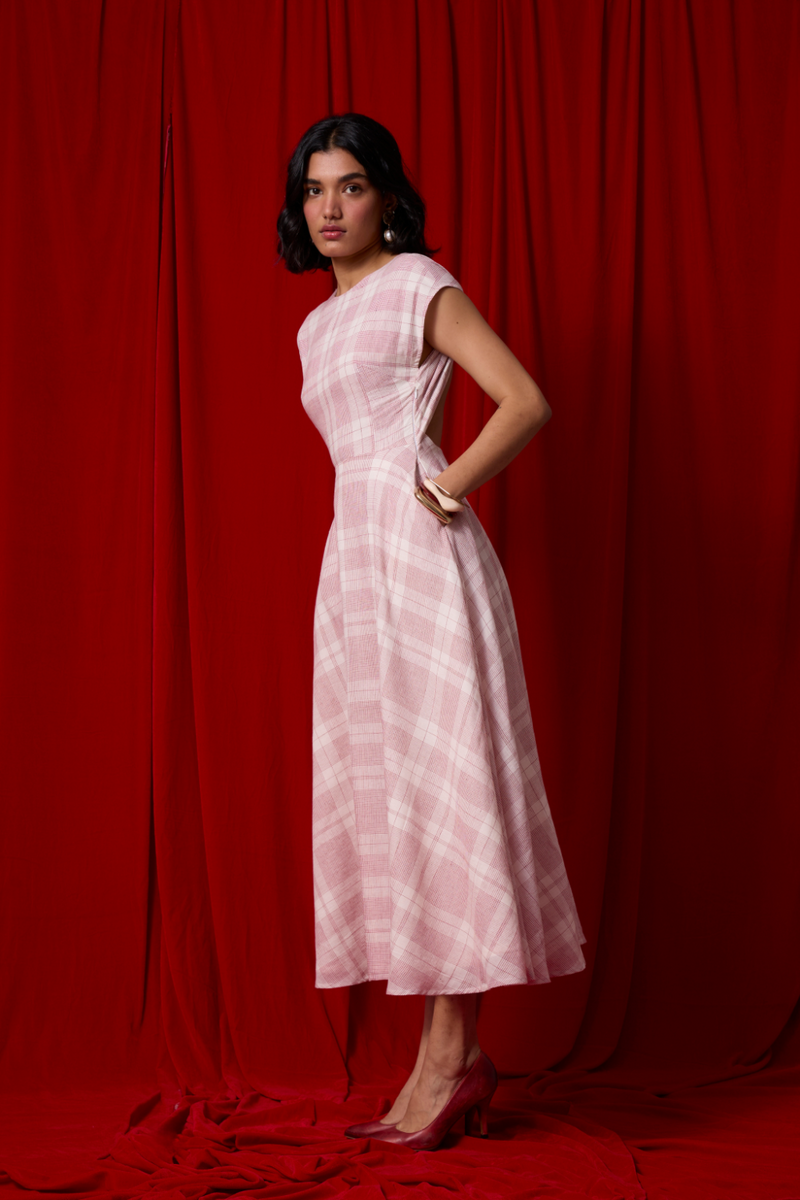 Svetla Red Checkered Handwoven Dress cotton by The Summer House in white color for women Worldwide