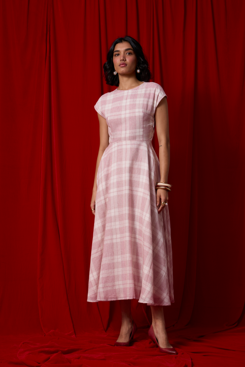 Svetla Red Checkered Handwoven Dress cotton by The Summer House in white color for women Worldwide