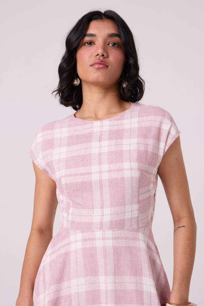 Svetla Red Checkered Handwoven Dress cotton by The Summer House in white color for women Worldwide
