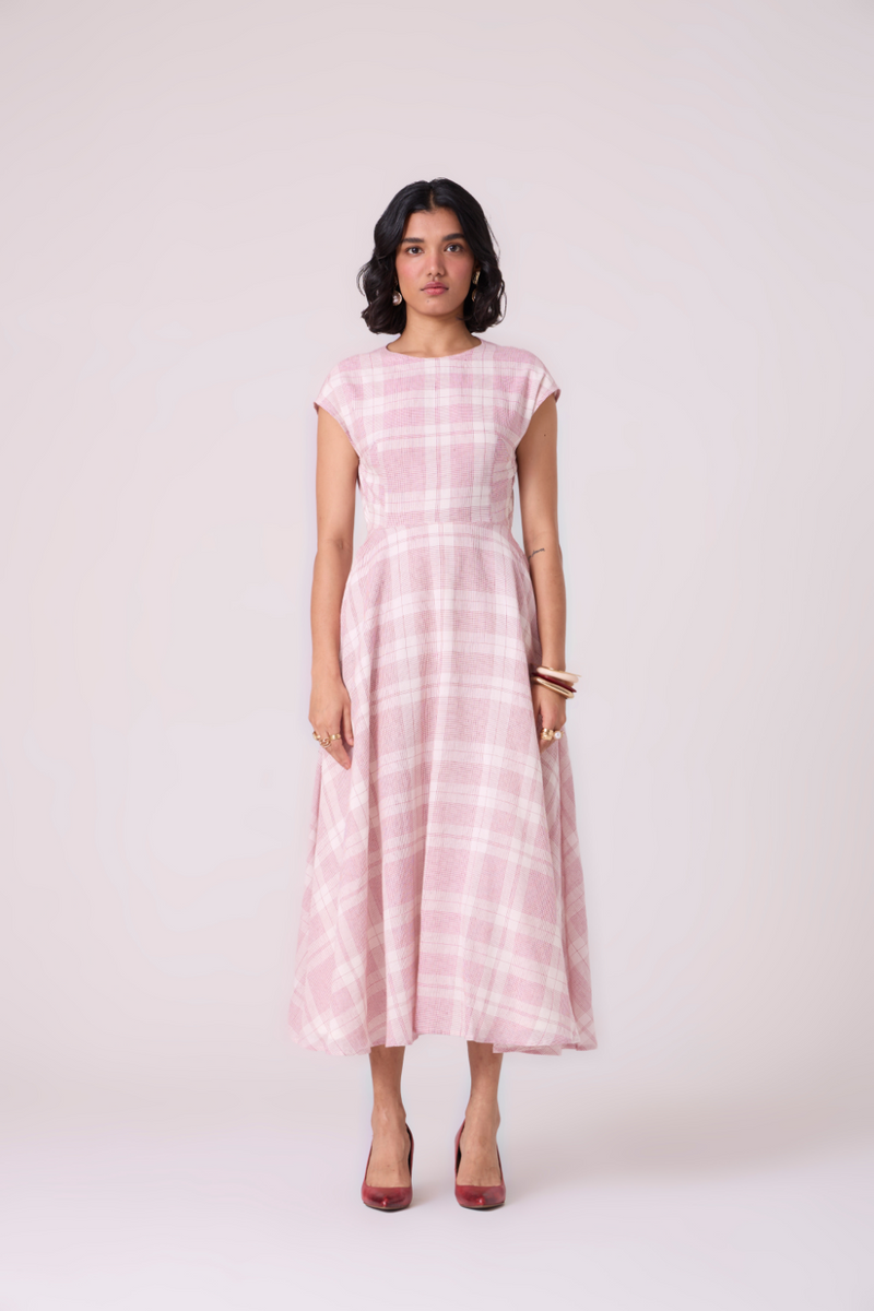 Svetla Red Checkered Handwoven Dress cotton by The Summer House in white color for women Worldwide