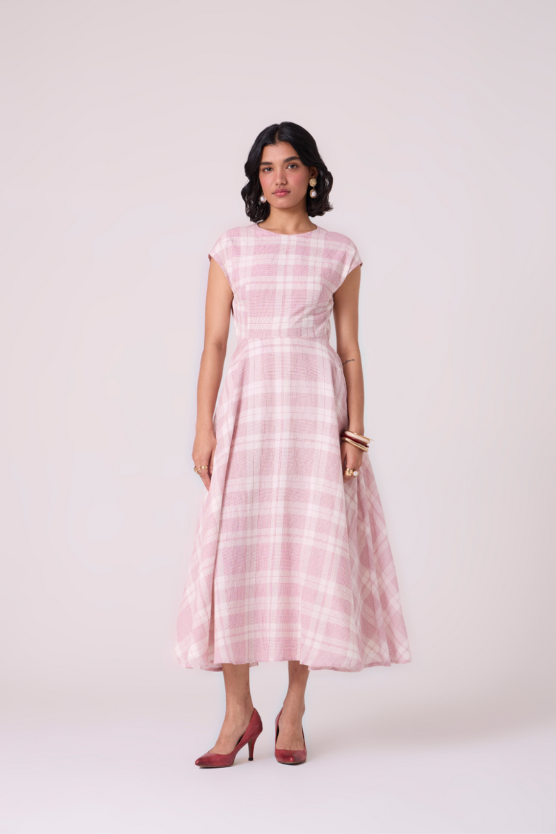 Svetla Red Checkered Handwoven Dress cotton by The Summer House in white color for women Worldwide