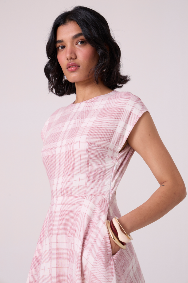 Svetla Red Checkered Handwoven Dress cotton by The Summer House in white color for women Worldwide