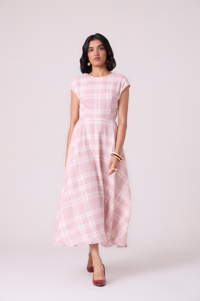 Svetla Red Checkered Handwoven Dress cotton by The Summer House in white color for women Worldwide