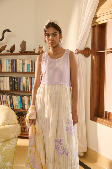 JANIE DRESS-IVORY & PURPLE cotton by SWATTI KAPOOR in multi color for women Worldwide
