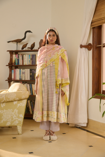 TESS STOLE-PINK WITH IVORY BORDER chanderi by SWATTI KAPOOR in multi color for women Worldwide