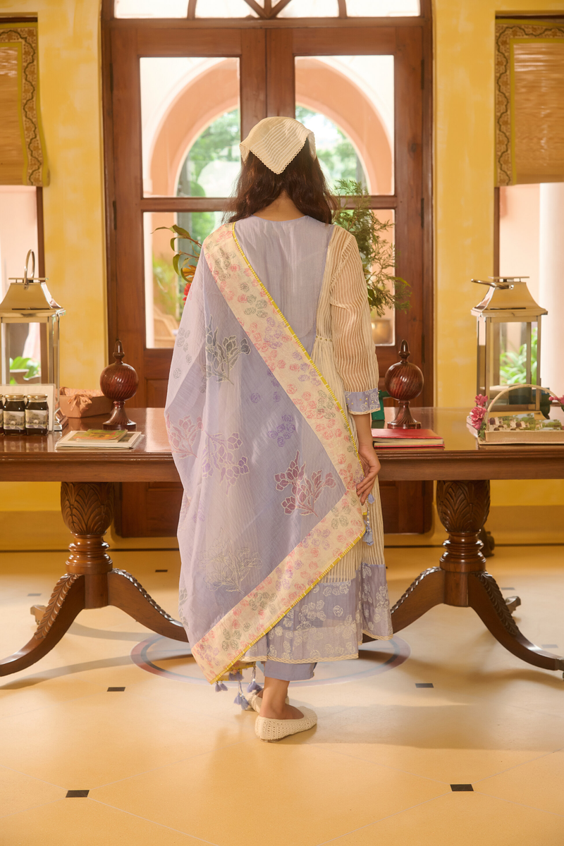 EDNA DRESS-BLUE & IVORY chanderi by SWATTI KAPOOR in multi color for women Worldwide