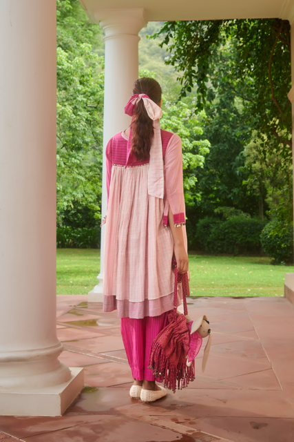 NORA DRESS-PINK & IVORY silk by SWATTI KAPOOR in multi color for women Worldwide