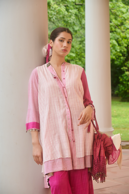 NORA DRESS-PINK & IVORY silk by SWATTI KAPOOR in multi color for women Worldwide
