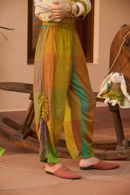 TEX PANT-MULTICOLOR GREEN CHECK silk by SWATTI KAPOOR in multi color for women Worldwide