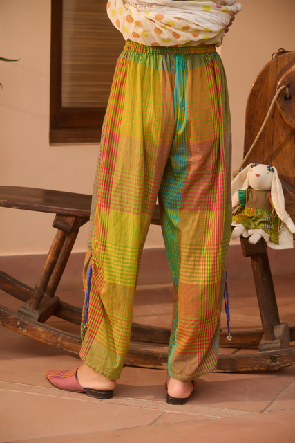 TEX PANT-MULTICOLOR GREEN CHECK silk by SWATTI KAPOOR in multi color for women Worldwide
