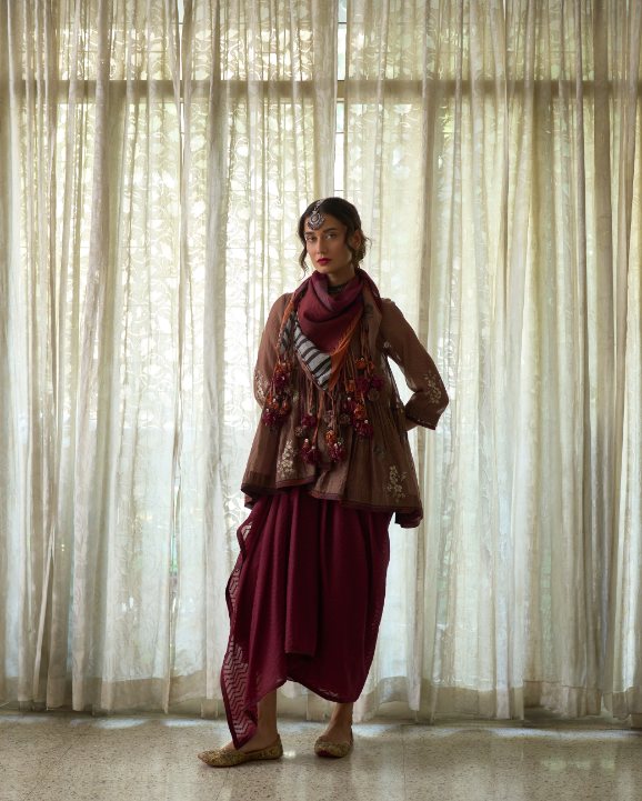 Rupa Skirt cutwork skirt by SWATTI KAPOOR in maroon for women Worldwide