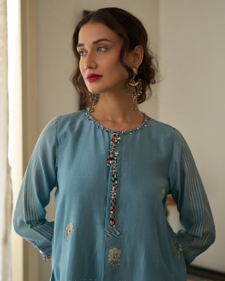 Chitra Kurta chanderi kurta/kurta set by SWATTI KAPOOR in blue for women Worldwide