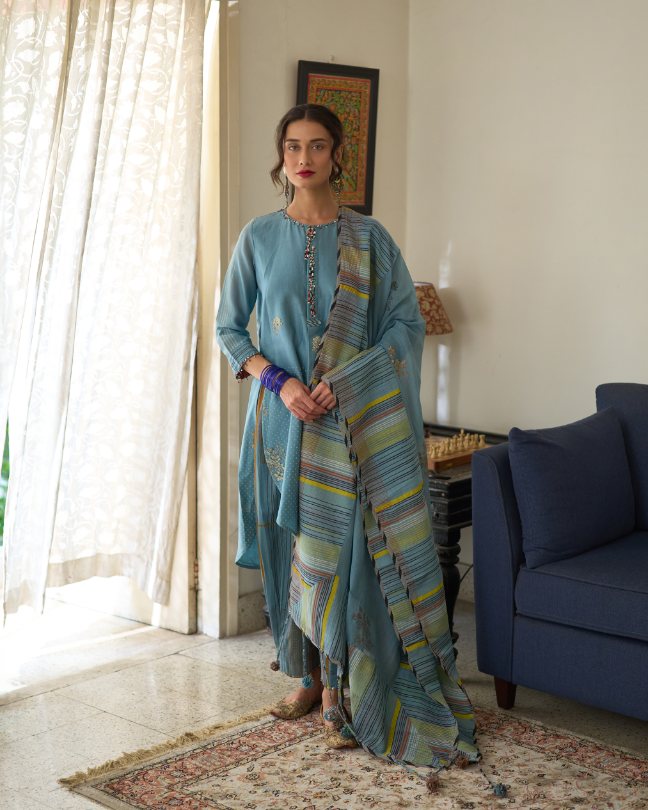 Tina Dupatta chanderi dupatta by SWATTI KAPOOR in blue for women Worldwide
