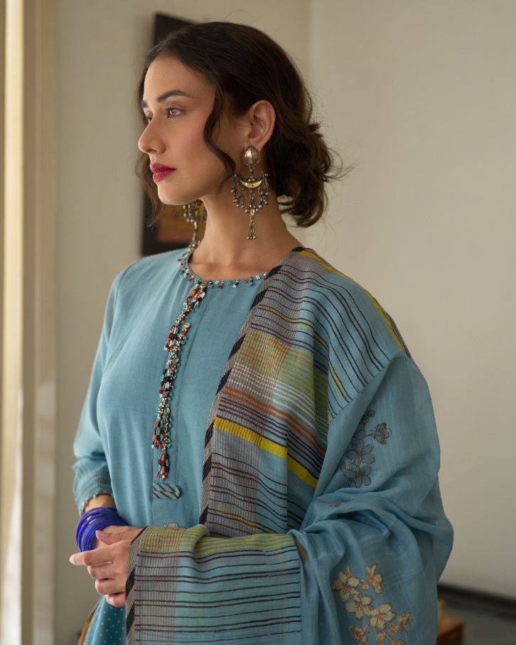 Tina Dupatta chanderi dupatta by SWATTI KAPOOR in blue for women Worldwide