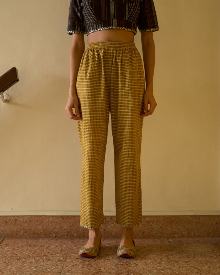 Richa Pant cotton pant/trouser by SWATTI KAPOOR in yellow for women Worldwide