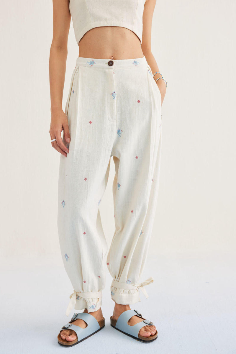 Swim Free Handwoven Kala Cotton Trousers cotton by SUI in white color for women Worldwide