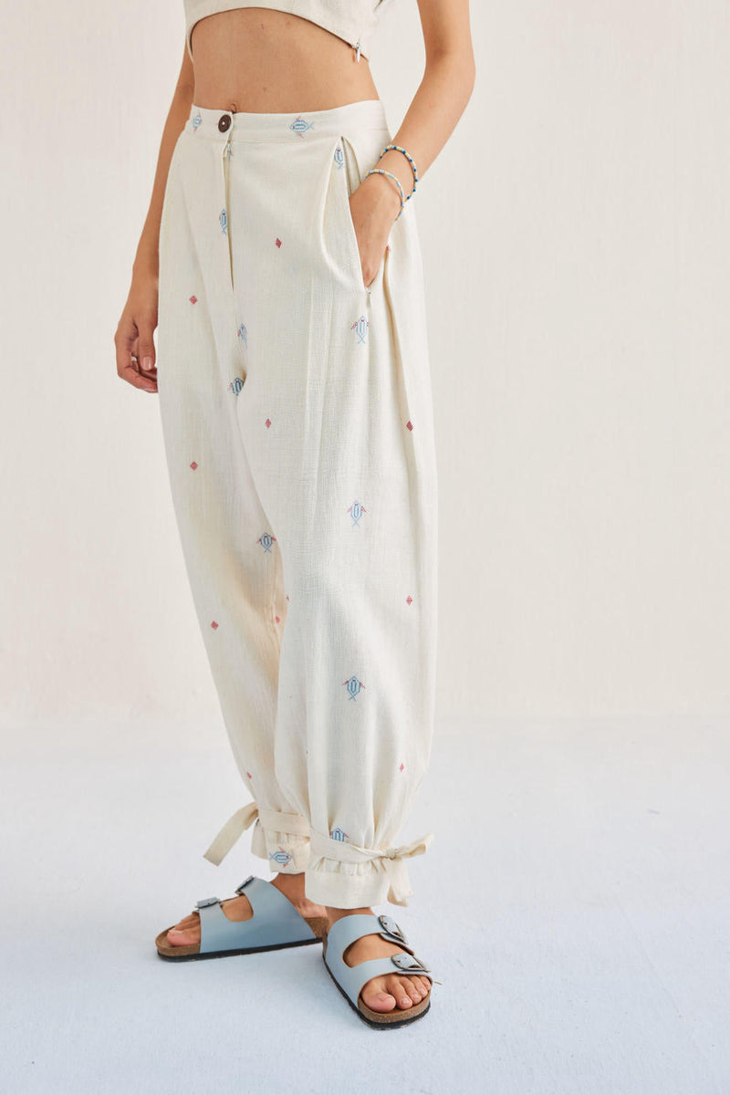 Swim Free Handwoven Kala Cotton Trousers cotton by SUI in white color for women Worldwide