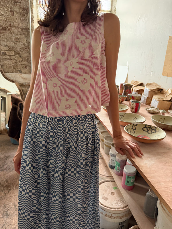 Swing Top-Pink Floral hand block printed cotton top/shirt by World of Crow in pink for women Worldwide