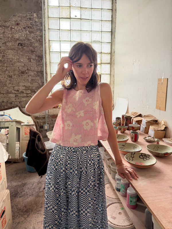 Swing Top-Pink Floral hand block printed cotton top/shirt by World of Crow in pink for women Worldwide