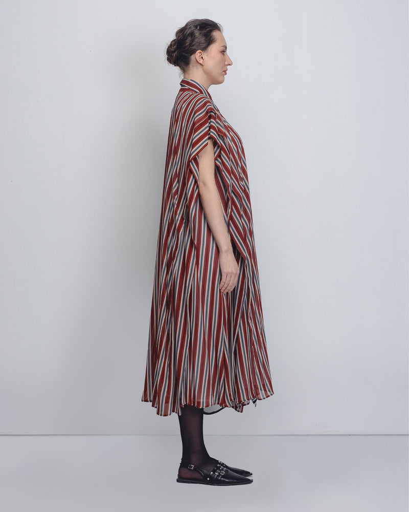 Tako Dress - Rust/ Black / Off - White Stripes by Leh Studios in rust color for women Worldwide