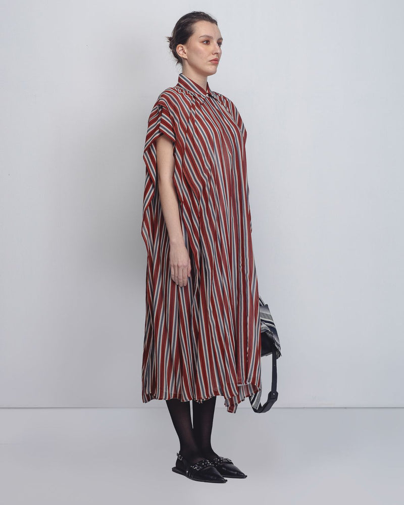 Tako Dress - Rust/ Black / Off - White Stripes by Leh Studios in rust color for women Worldwide