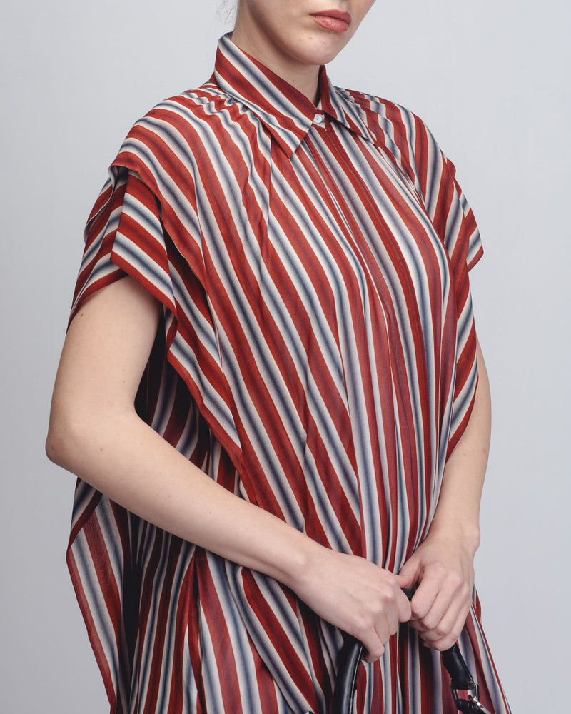 Tako Dress - Rust/ Black / Off - White Stripes by Leh Studios in rust color for women Worldwide
