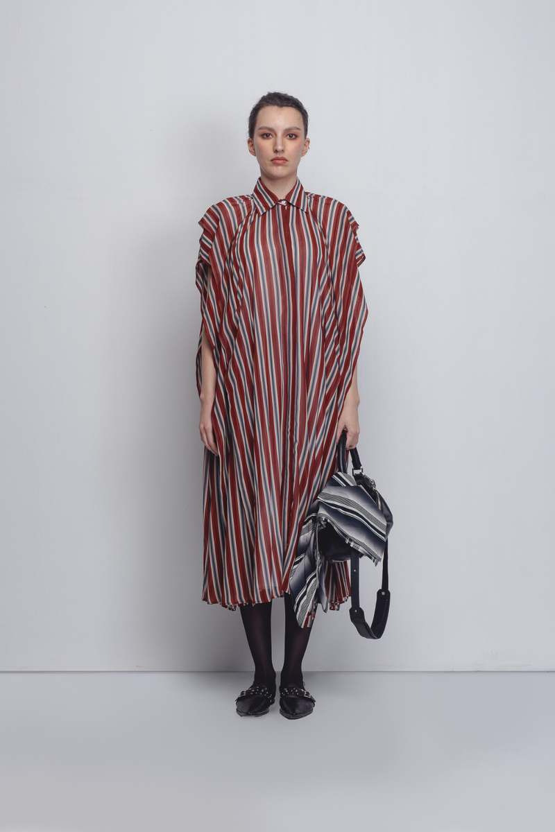 Tako Dress - Rust/ Black / Off - White Stripes by Leh Studios in rust color for women Worldwide
