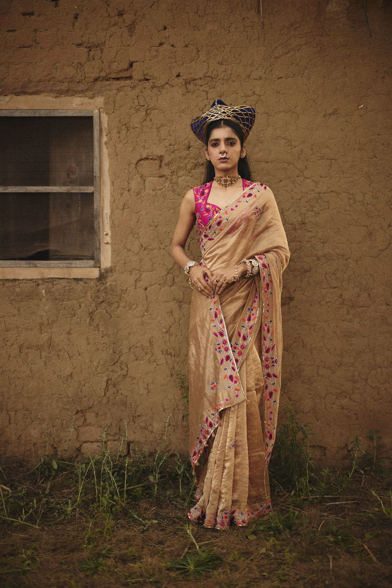 TARAANA SAREE tissue by Rashika Mittal in gold color for women Worldwide
