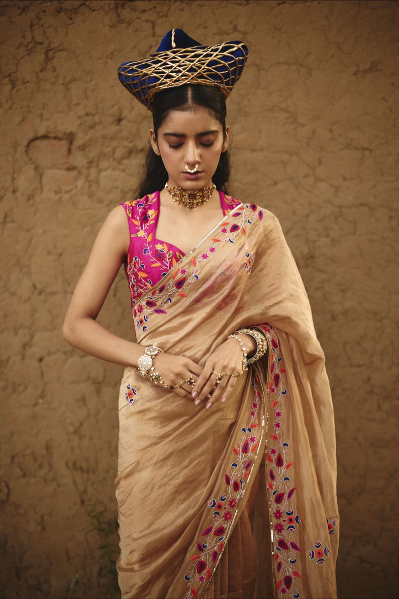 TARAANA SAREE tissue by Rashika Mittal in gold color for women Worldwide
