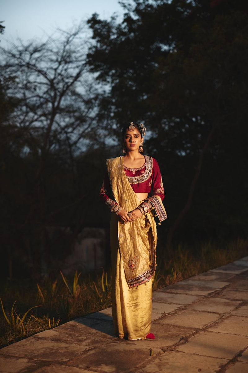 TARAAZ SAREE tissue by Rashika Mittal in gold color for women Worldwide