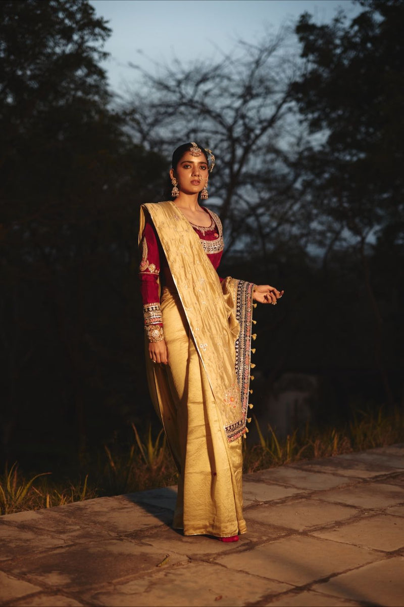 TARAAZ SAREE tissue by Rashika Mittal in gold color for women Worldwide