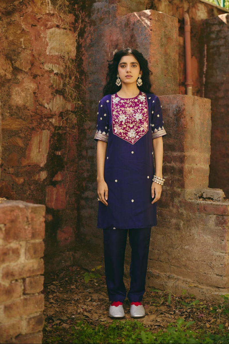 TARA & PARI KURTA & PANT satin by Rashika Mittal in navy color for women Worldwide
