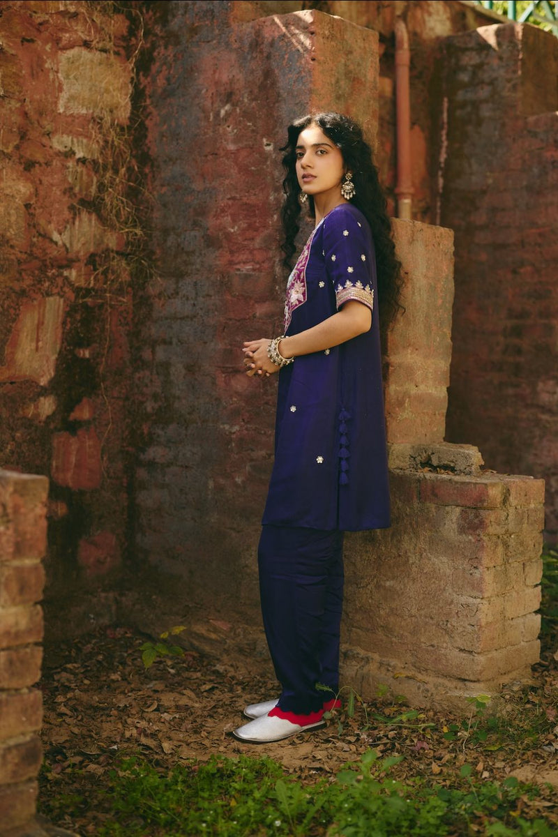 TARA & PARI KURTA & PANT satin by Rashika Mittal in navy color for women Worldwide