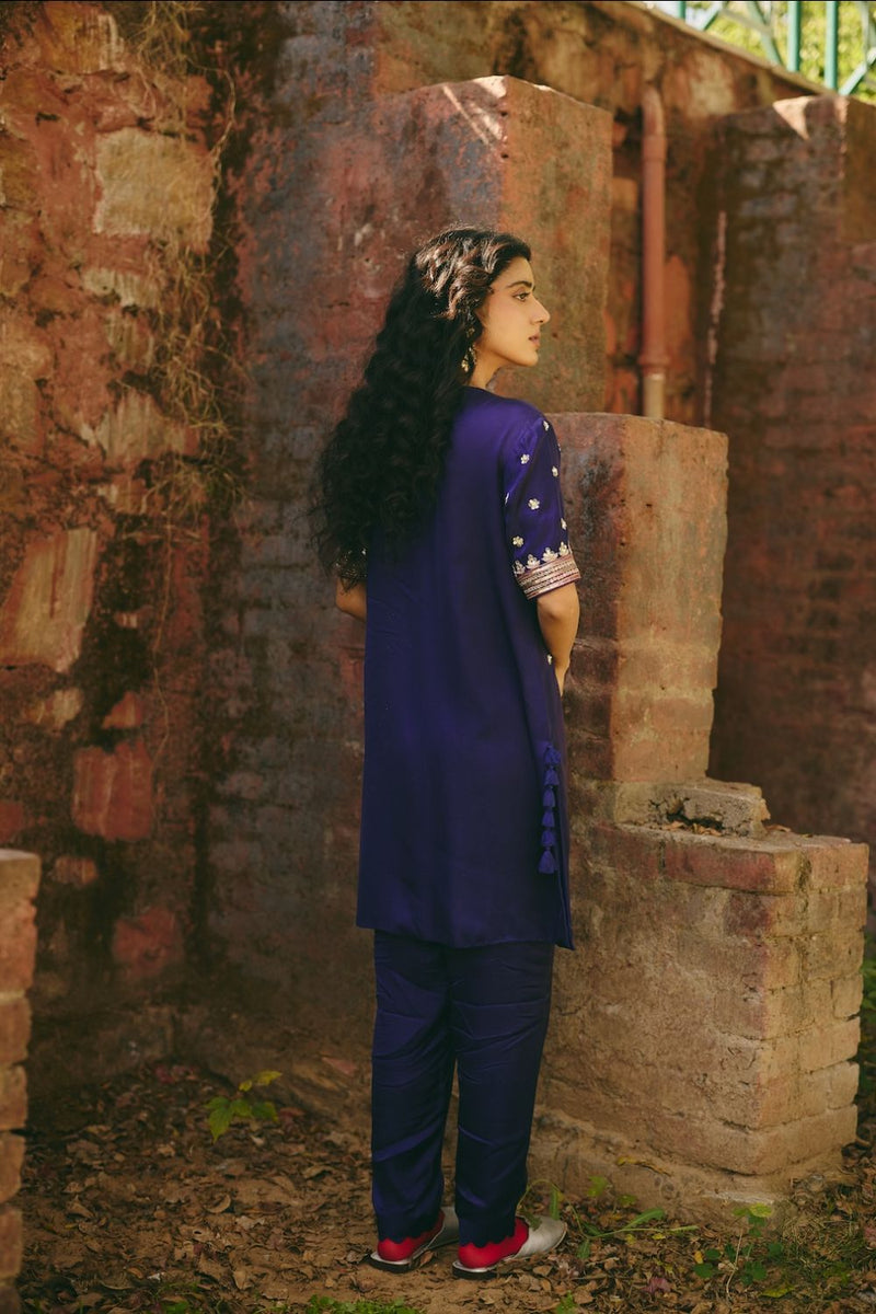 TARA & PARI KURTA & PANT satin by Rashika Mittal in navy color for women Worldwide