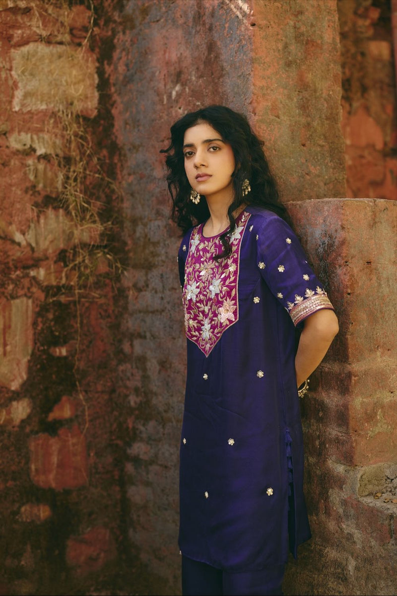 TARA & PARI KURTA & PANT satin by Rashika Mittal in navy color for women Worldwide