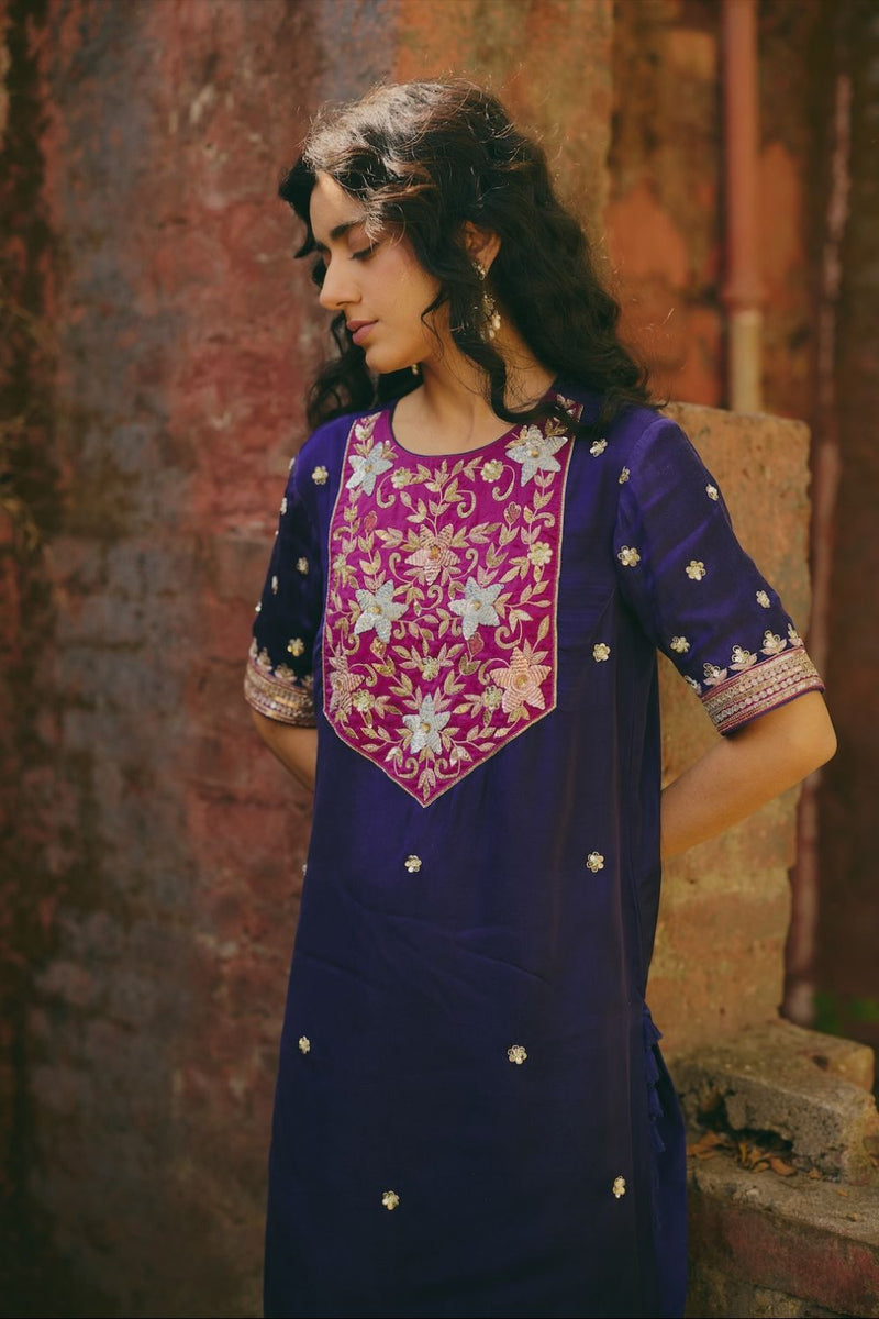 TARA & PARI KURTA & PANT satin by Rashika Mittal in navy color for women Worldwide