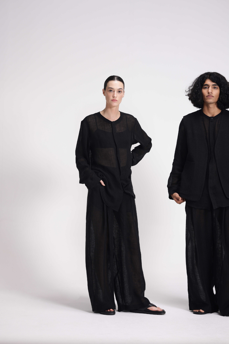 Sheer Full Sleeve Shirt linen by Turn Black in black color for women Worldwide