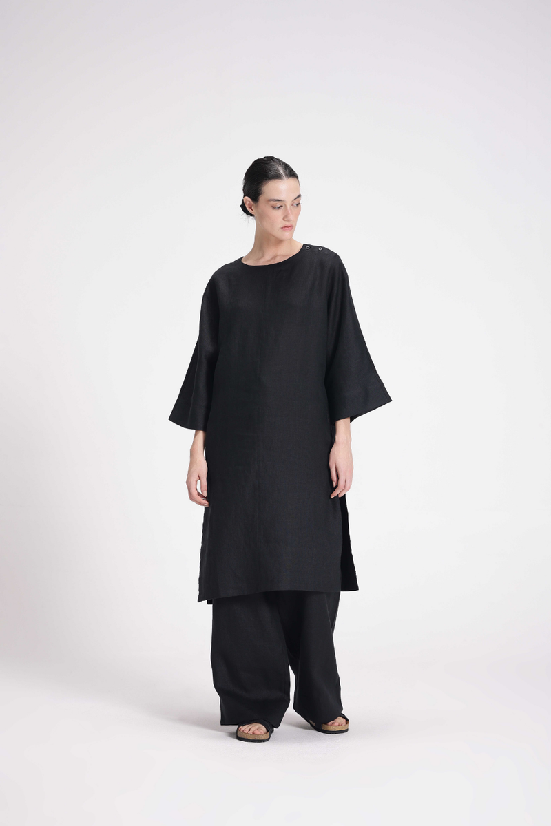Linen Tunic and Pants Co-ord Set by Turn Black in black color for women Worldwide